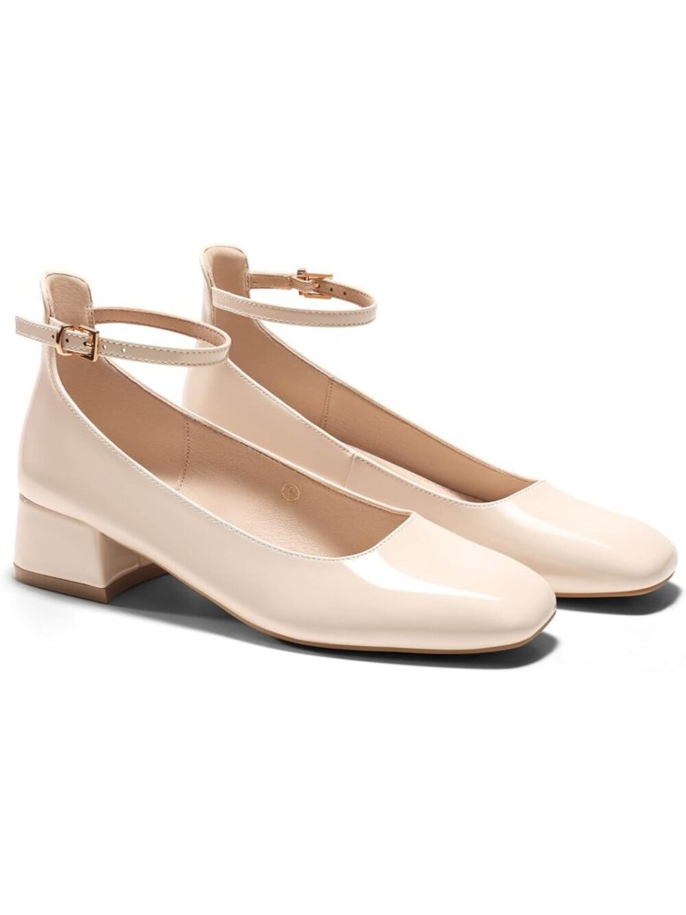 Women's Beige Chunky Low Heels Closed Square Toe Ankle Strap Pumps Shoes